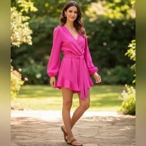 *NWT* Fraiche by J Hot Pink Long Sleeve V-Neck Ruffle Romper Dress Wrap- Small